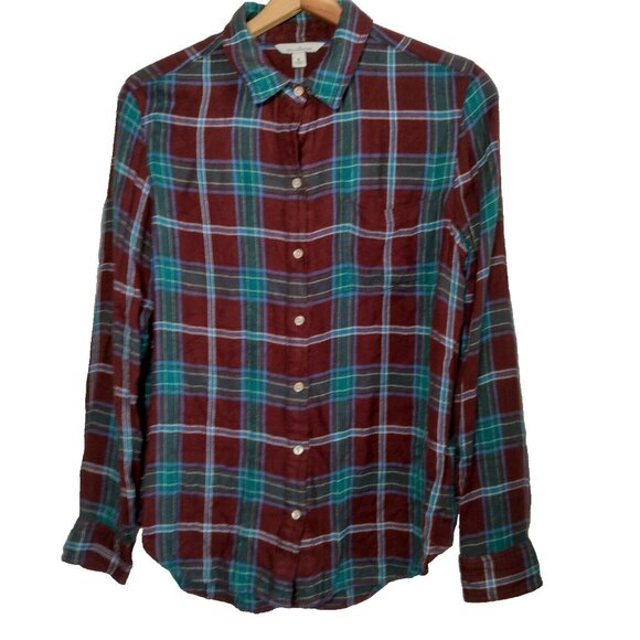 L.L. Bean Tops - LL Bean Signature Flannel Shirt Women Medium Rayon Maroon Blue Plaid Long Sleeve